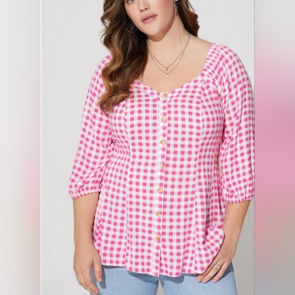 Torrid Pink White Gingham Fit & Flare Slub Top Shirt